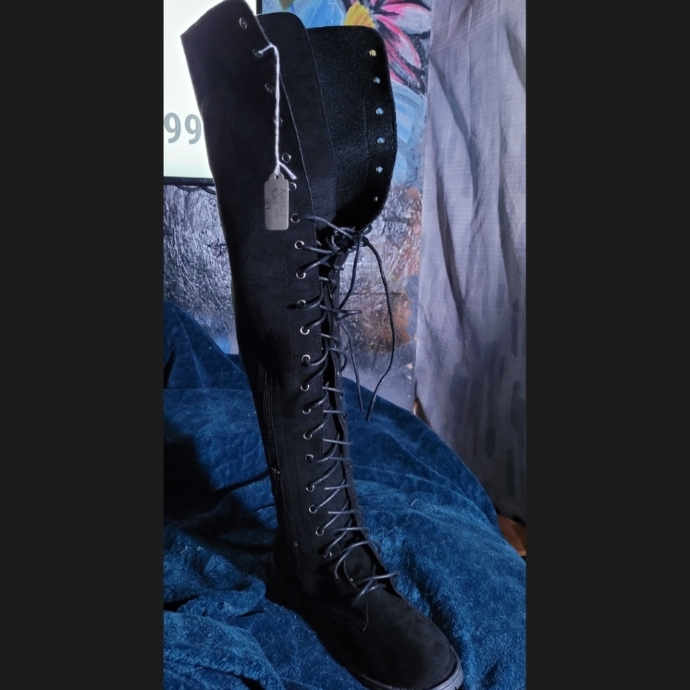 Over the knee lace up black suede boots